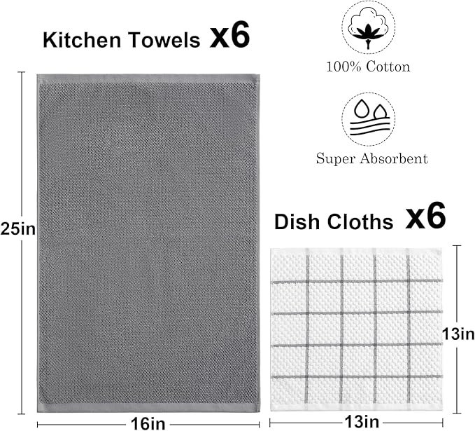 12 Pack Kitchen Towels and Dishcloths Set, 100% Cotton Soft and Absorbent Kitchen Towels 16 x 25 inche & 13 x 13inche Dishcloths