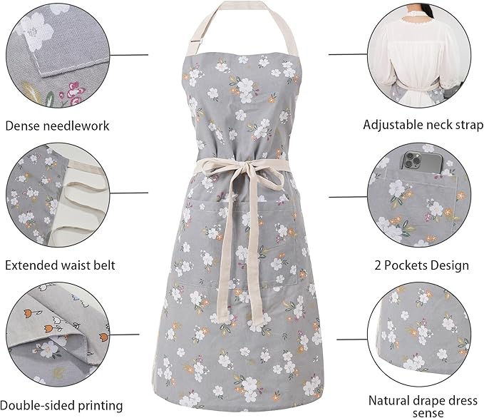 Aoomzoon Kitchen Aprons for Women with 2 Pockets,Double Sided Vintage Adjustable Apron for Gardening Cooking Arting Painting