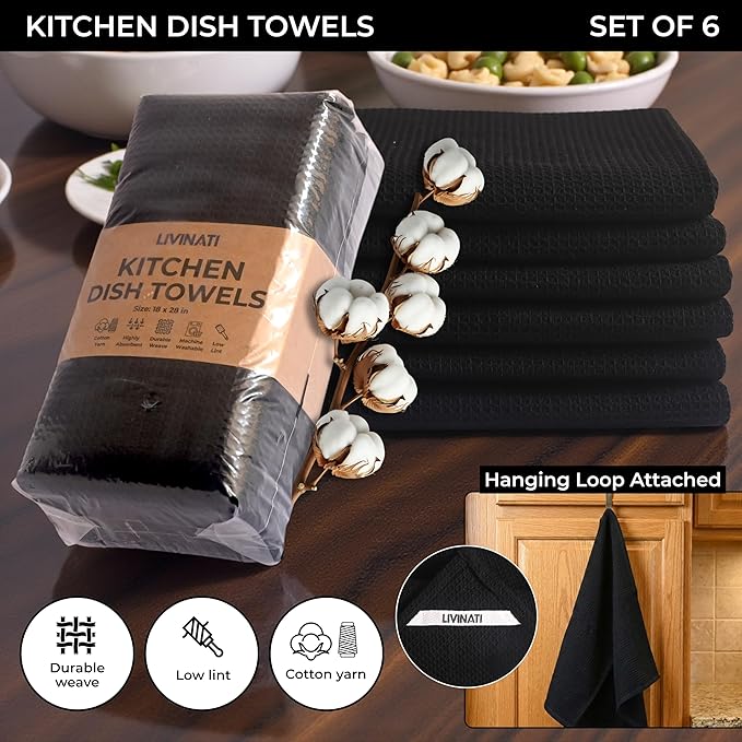 Highly Absorbent Cotton Dish Towels for Drying - Set of 6 Black Kitchen Towels - 18"X28" Lint Free Waffle Weave Cloth Linen Hand Bathroom Bulk Dishtowels