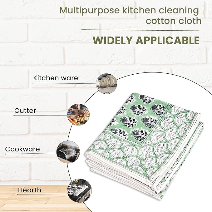 CPC Poppy Blue Hand Block Print Waffle Kitchen Towel Set of 3-16 x 28 Inch Ultra Absorbent Quick Dry Cotton Dish Towels Lightweight Reusable Sustainable Tea Towels for Cleaning and Drying