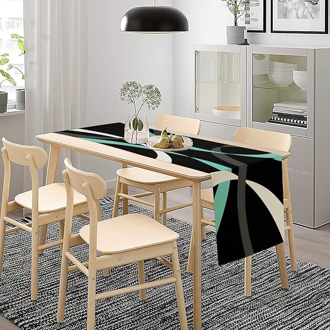 Abstract Geometric Table Runner Teal Grey and White Striped Black Background Modern Kitchen Dinner Runner for Indoor Home Living Room Party Dining Table Decoration 13"x90"
