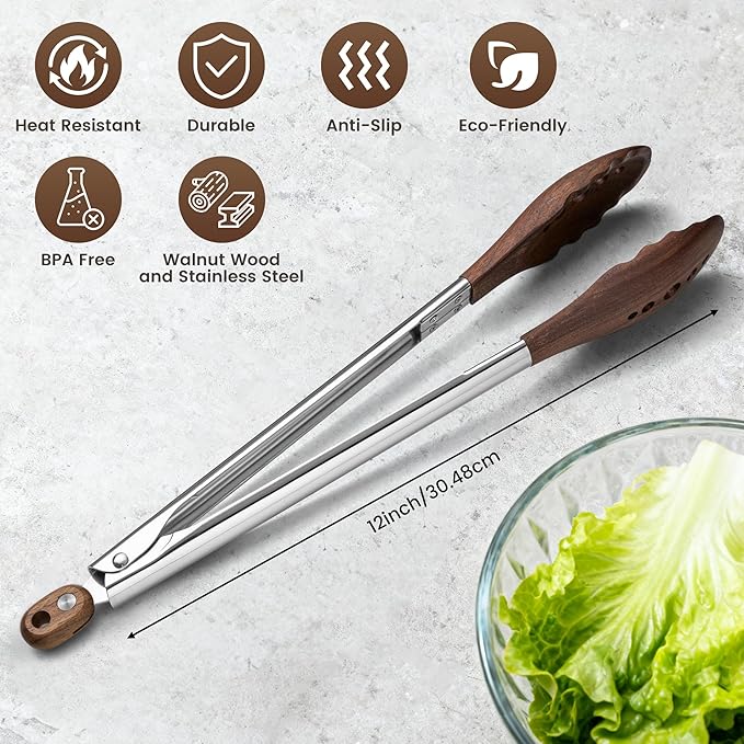 12-Inch Wooden Tongs for Cooking - Heat Resistant Natural Walnut Wood Kitchen Tongs, Stainless Steel Salad Tong with Walnut Wood Tips for Serving Food, Cooking, Tossing Salad, Grilling, BBQ (12 Inch)