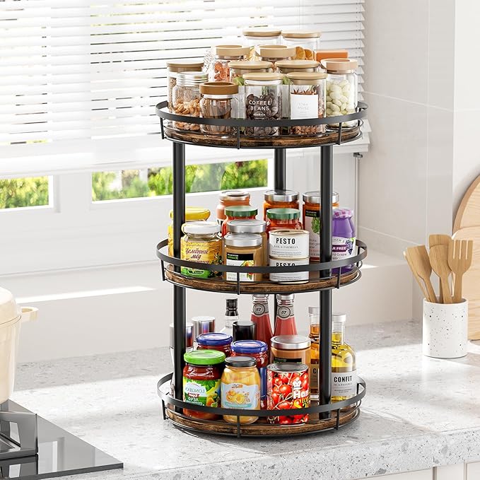 LAMU 10'' Wood Lazy Susan Spice Rack Organizer, 3 Tier Spice Organization for Cabinet, Countertop, Kitchen, Table Top, Pantry, Condiment and Seasoning Rack Organizer
