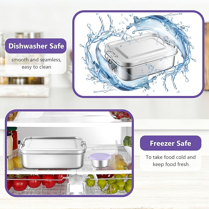 HaWare Lunch Box, 47oz (1400ml) Large Stainless Steel Bento Box with Condiment Container and Carrying Bag, 3 Compartment Food Container for Kids and Adults, Leak-Proof Metal Snack Box, Dishwasher Safe