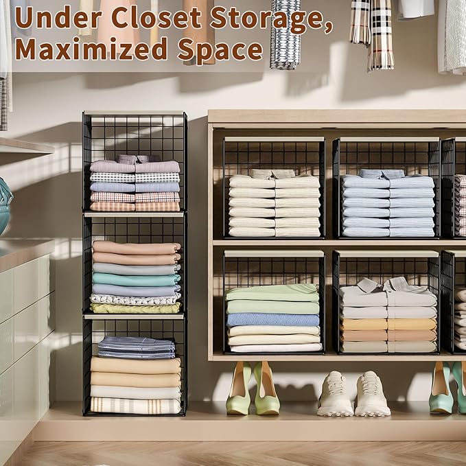 3PCS Stackable Closet Organizers and Storage, Shelves with Wood Top Extra Storage, Clothes Organizer Basket, Bin, or Tube for Wardrobe and Home Organization (Black-Sturdy Metal) Patent Pending