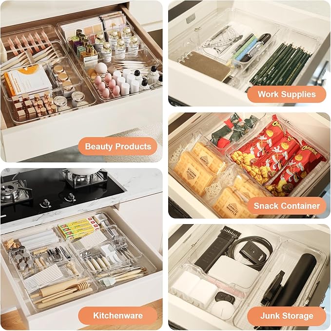 Expandable Drawer Organizer-Adjustable Shallow Tray, 11" to 19" Width,1.97" Height, Clear Plastic Storage for Bedroom, Living Room, Kitchen/Bathroom/Office/Cosmetic/Tools/Cutlery/Stationery