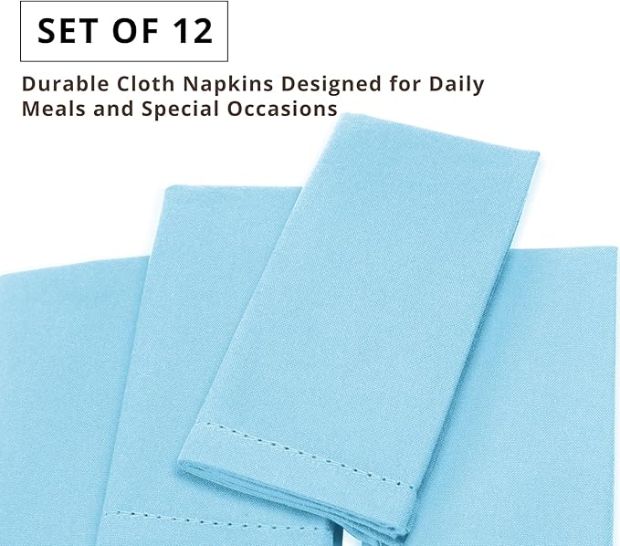 PurpleEssences Set of 12 Hemstitch Cloth Dinner Napkins 100% Cotton - Soft Durable Washable - Ideal for Wedding Spring Easter Summer - Perfect Everyday Use Table Linen 18x18 - Aqua Blue