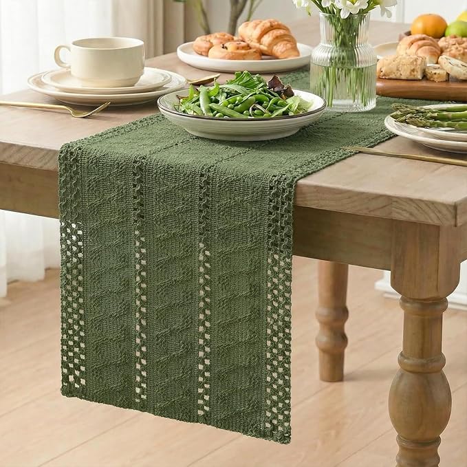 Artoid Mode Army Green Farmhouse Woven Rustic Hollow Table Runner, Seasonal Holiday Hollow Kitchen Dining Table Decoration for Home Party Decor 12x72 Inch