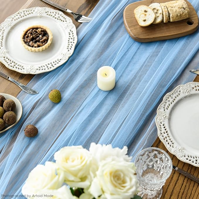 Artoid Mode 10PCS Dusty Blue Gauze Table Runner 120 Inch 10FT, Seasonal Sheer Kitchen Dining Holiday Wedding Birthday Baby Shower Table Decor for Home Party