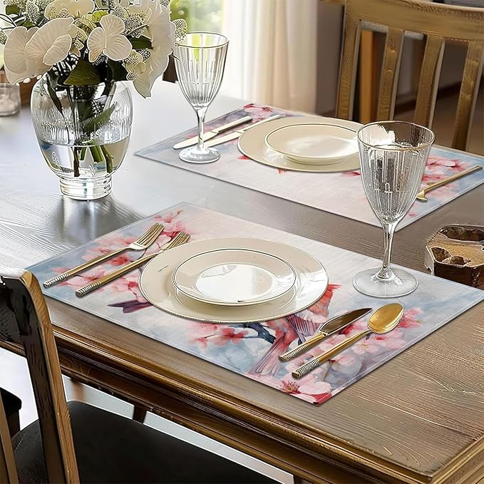 Red Cardinal Pink Cherry Blossom Placemats Set of 6, Spring Bird Branches Washable Linen Place Mat Heat Resistant Non Slip Kitchen Dining Table Mats 12x18 Inch