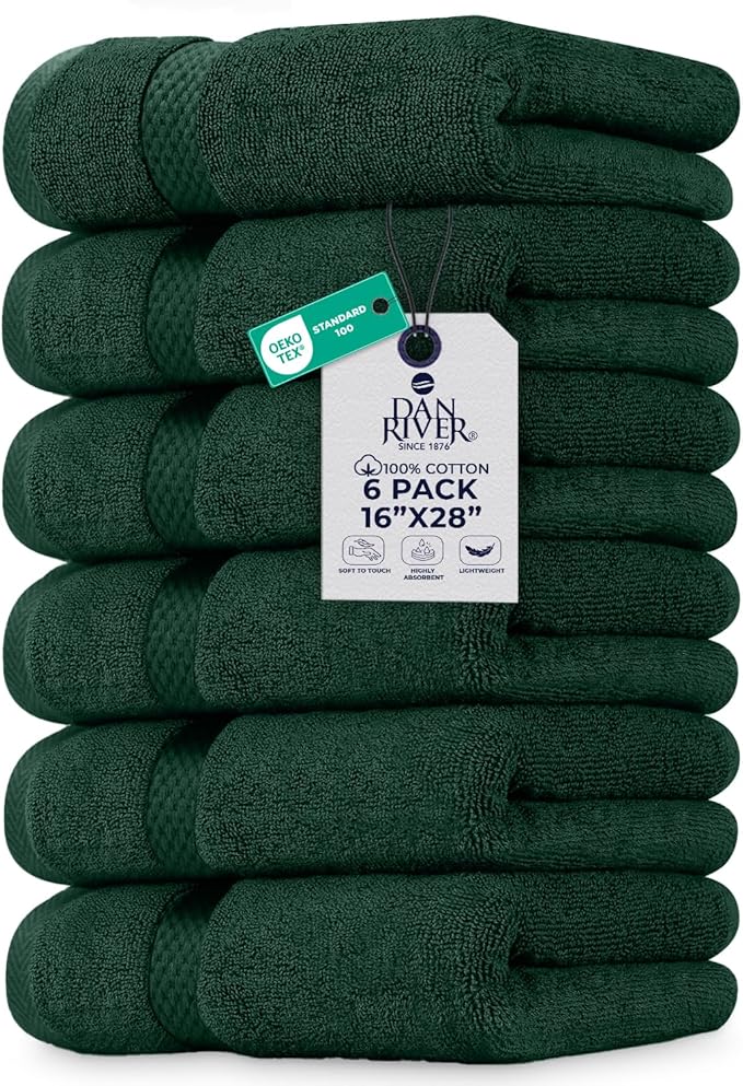 DAN RIVER 6-Pack Premium Hand Towels (16x28 Inches) - 100% Cotton, Ultra Soft, Lightweight, Highly Absorbent Towels for Bathroom, Spa, Gym, Salon, Hotel, and Travel - Hunter Green