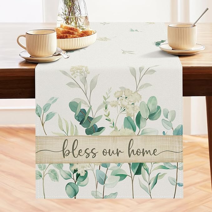 Bonhause Eucalyptus Leaves Table Runner 13x72 Inch Green Plants White Flowers Spring Summer Seasonal Holiday Kitchen Dining Table Decoration for Indoor Outdoor Home Party Decor