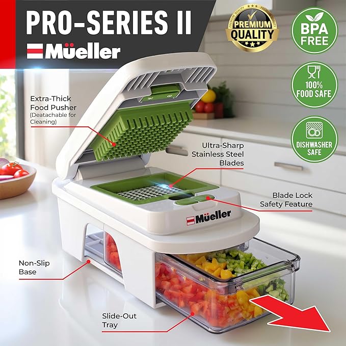 Mueller Pro-Series All-in-One, 12 Blade Mandoline Slicer for Kitchen, Food Chopper, Cucumber Slicer and Spiralizer, Cutter, Dicer, Grater, Gifts for Mom, Kitchen Essentials, White Sand/Green
