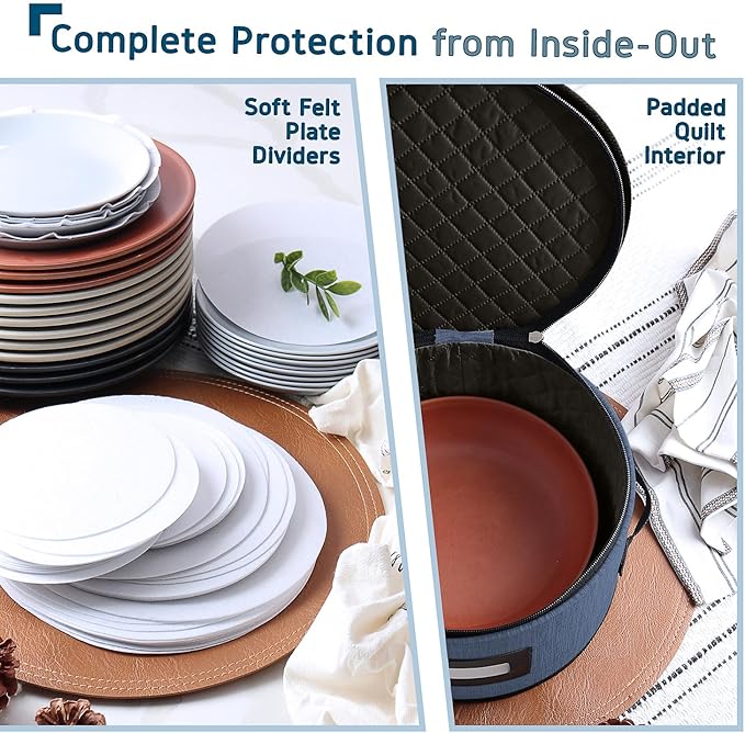 Fine China Storage Containers, 5 Piece Quilted Dish Storage Containers, Mug, Cup, and Plate Dish Organizer with Felt Dividers, Service of 12 Dinnerware Boxes for Moving, Seasonal Organization, Blue