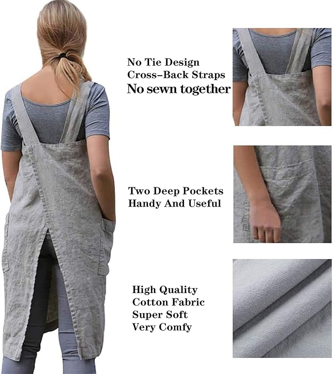 VLZUFE Cotton Linen Apron for women Cross Back Apron Pinafore Dress for Baking Cooking Gardening Work