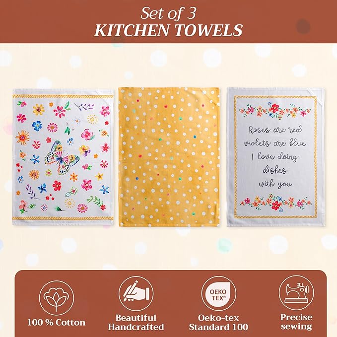 Maison d' Hermine Kitchen Towels Set of 3 100% Cotton 27.50" x 20" Reusable Cloth Dish Towels Absorbent with Hanging Loop for Kitchen Gifts for Mothers Day Spring/Summer (Happy Florals - Sweety)