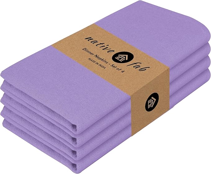 Native Fab Cotton Table Napkins, 4 Pack, 17x17 Inches, Hotel Quality, Durable, Washable Fabric, Ideal for Easter Sunday, Holiday Dinner, Cocktail Parties, Catering, Family Gatherings, Lavender