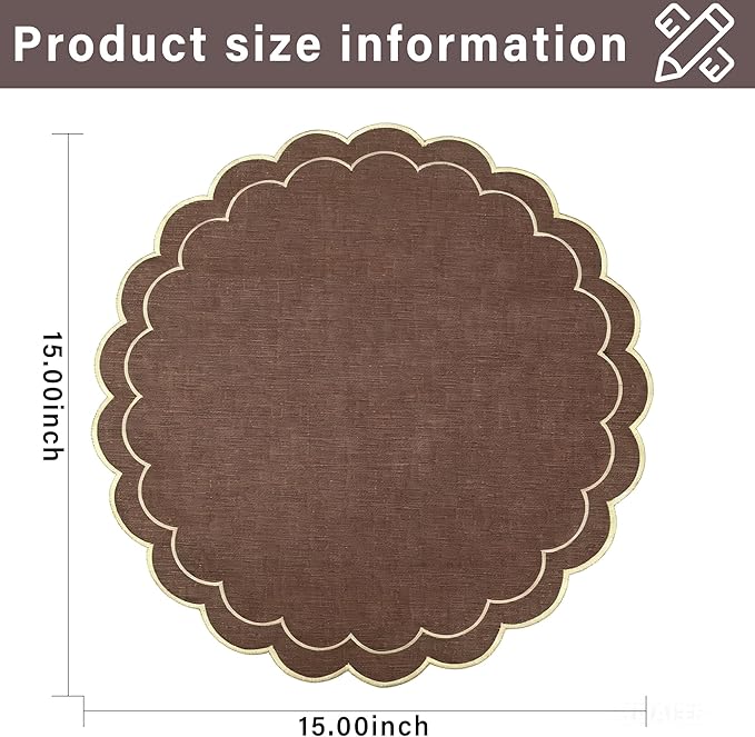 Linen Cotton Placemats Set of 4 Scalloped Flower Embroidery Place Mats 15'' Natural Linen Texture Fabric Machine Washable Table Mats for Restaurant Kitchen,Table Decor(Brown)