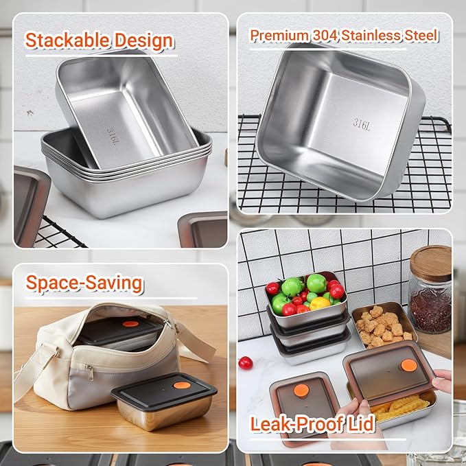 10 Set Stainless Steel Food Containers with Lids, Metal Leak-Proof Food Storage Containers Reusable Stackable Meal Prep Container for Lunch Picnic Travel, Dishwasher & Freezer Safe (16 oz)