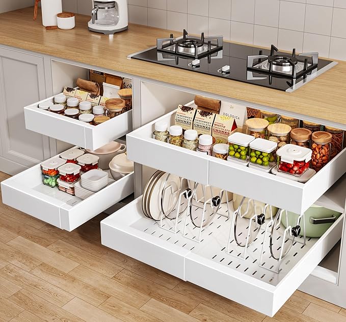 Seinloes 4 Pack Pull out Cabinet Organizer 21"Deep with Raising Pad for Framed Cabinets, Expandable Slide out Drawers for Kitchen Cabinets with 4pcs Divider Racks, Roll out Shelves 12.1"-20.4" W White