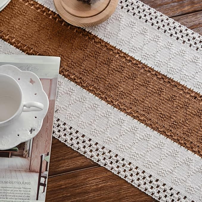 Alynsehom Macrame Table Runner Cream Beige and Caramel Boho Table Runners with Tassels Hand Woven Cotton Table Runner Rustic Farmhouse Table Runners for Bohemian Kitchen Dining Table(12x71in)