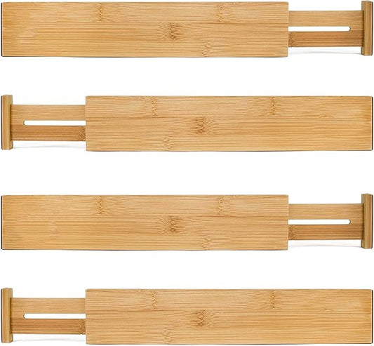 MEKBOK 4-pack Bamboo Kitchen Drawer Divider, Adjustable Drawer Storage, Spring loaded, Suitable for kitchens, Dressing tables, Bathrooms, bedrooms, Drawers, Desks