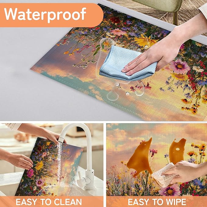 Garden Wlidflowers Placemat Set of 6,Plants Heat Resistant Linen Table Mats for Indoor Outdoor Home Kitchen Dining Room Table 12x18Inch