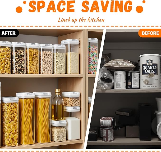 Airtight Food Storage Containers with Lids 7 pcs Plastic Kitchen and Pantry Organization Canisters for Cereal, BPA Free Kitchen Canisters for Spaghetti, Pasta (Airtight Food)