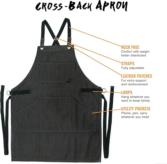 Under NY Sky Essential Black Denim Apron – Cross-Back with Leather Reinforcement – Adjustable for Men and Women – Pro Chef, Tattoo Artist, Baker, Barista, Bartender, Server Aprons