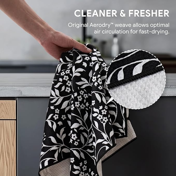 RECYCO Waffle Kitchen Towel Set of 2 - Quick Dry Microfiber Sustainable Dish Towels - Ultra Absorbent Reusable Cleaning Tea Towels - Lightweight Hand Towels,16”x 28”, Black & White Florals