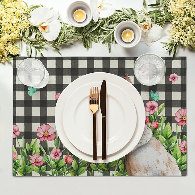 Buffalo Plaid Bunny Placemat Set of 4 12 x 18 Inch Pink Flowers Butterfly Farmhouse Linen Fabric Table Mats Outdoor Spring Seasonal for Party Kitchen Dining