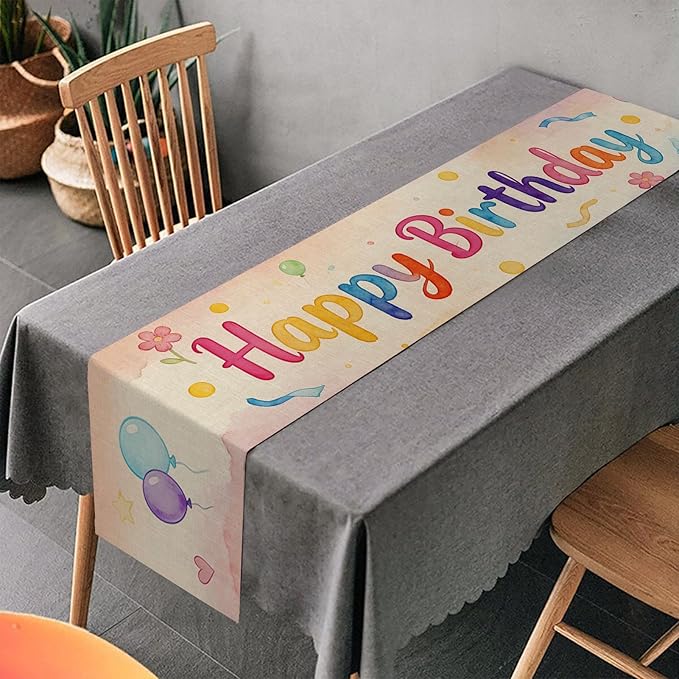 Happy Birthday Table Runner 13x72 Inch Farmhouse Polyester Linen Table Decoration for Kitchen Dinning, Indoor Outdoor Home Dinner Party (Multicolour 1)