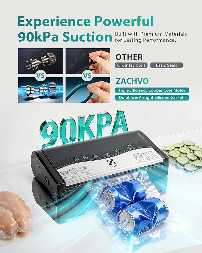 90kPa Vacuum Sealer Machine, Automatic Food Sealer with Double Heat Seal Option, Dry & Moist Modes, Built-in Cutter and Bag Storage, Starter Kit with Bag Rolls and Hose, Black