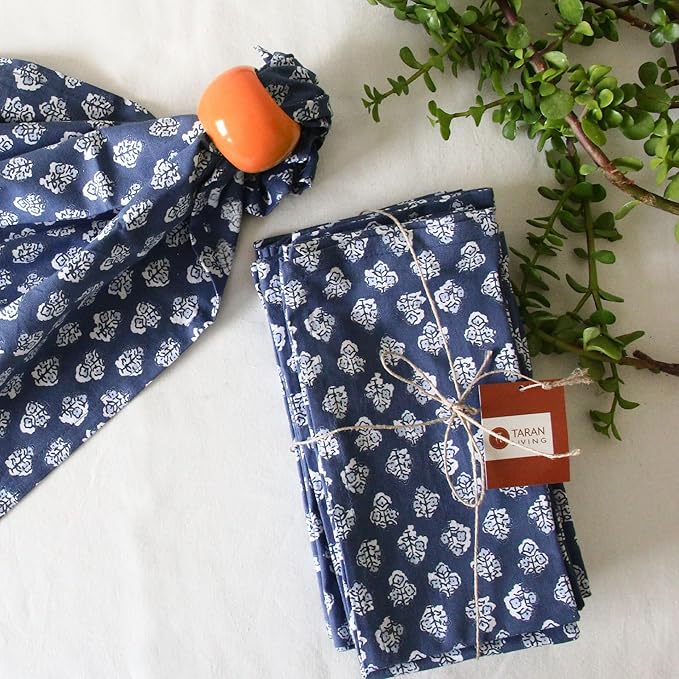 TARAN LIVING Printed Cotton Cloth Napkins Reusable Fall Dinner Napkins Reusable Floral Cloth Napkins Set of 6 Machine Washable Fabric for Events, Gift, Home Decor - 18"x18" - Indigo Blue, Pack of 6