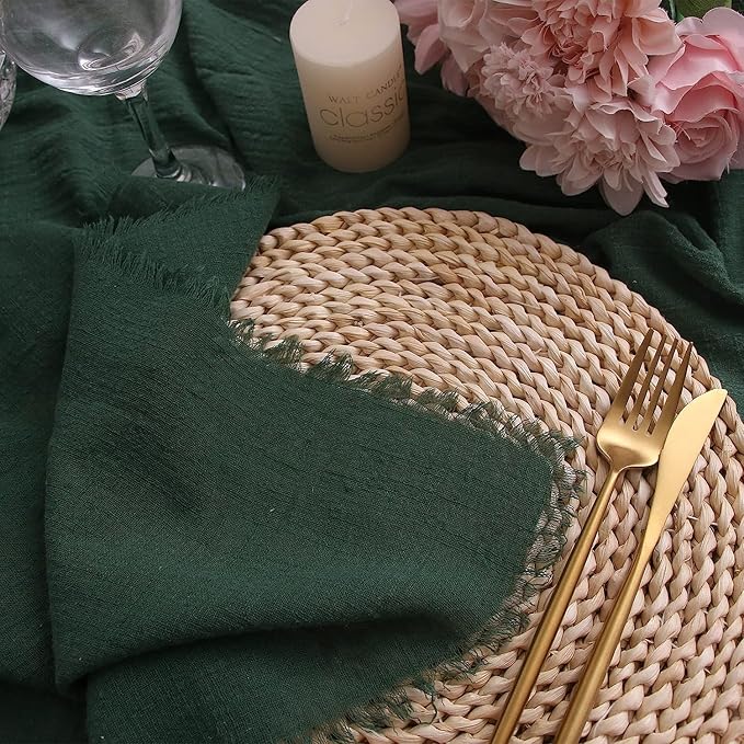 Cloth Napkins with Fringe Set of 12,100% Natural Soft Cotton,Spring Washable Gauze Napkins for Wedding Decorative, Dinner Parties, Bridal Shower Baby Shower, Dark Green