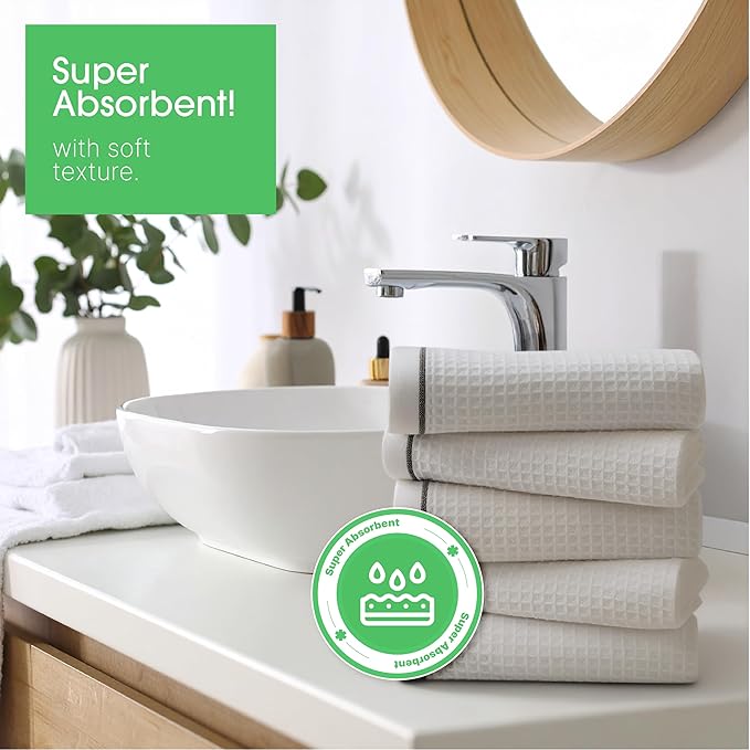 5 Pack Hand Towels, Bath Towels, Kitchen Towels and Dishcloths Sets, 30 x 14 Inches, Absorbent Dish Towels for Kitchen, Microfiber Cleaning Cloth, Waffle Kitchen Towels (White)