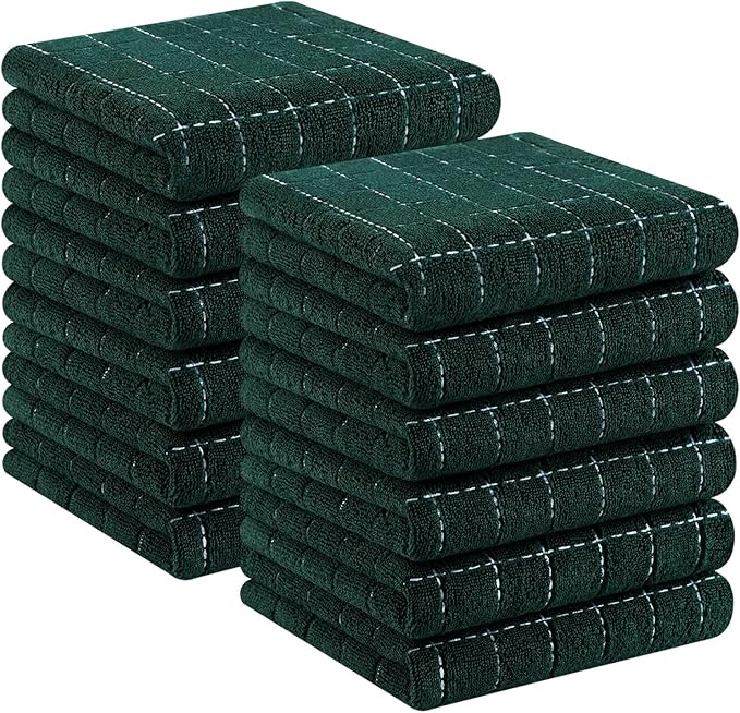 Homaxy 100% Cotton Terry Kitchen Towels(Blackish Green, 13 x 28 inches), Checkered Designed, Soft and Super Absorbent Dish Towels, 12 Pack