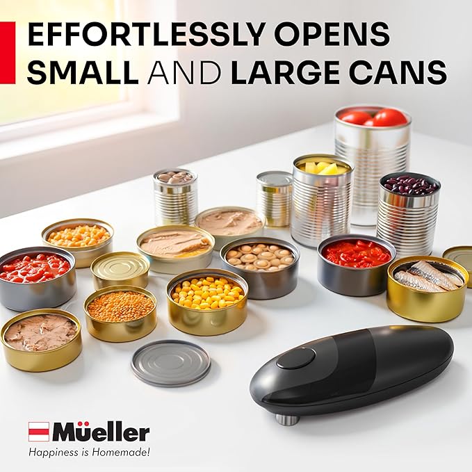 MUELLER HOME SmoothEdge Auto Electric Can Opener – Battery‑Operated One‑Touch w Magnet Lid Lifter – Portable Hands‑Free Automatic Can Openers for Seniors & Arthritis, Smooth‑Edge Cut Technology, Black