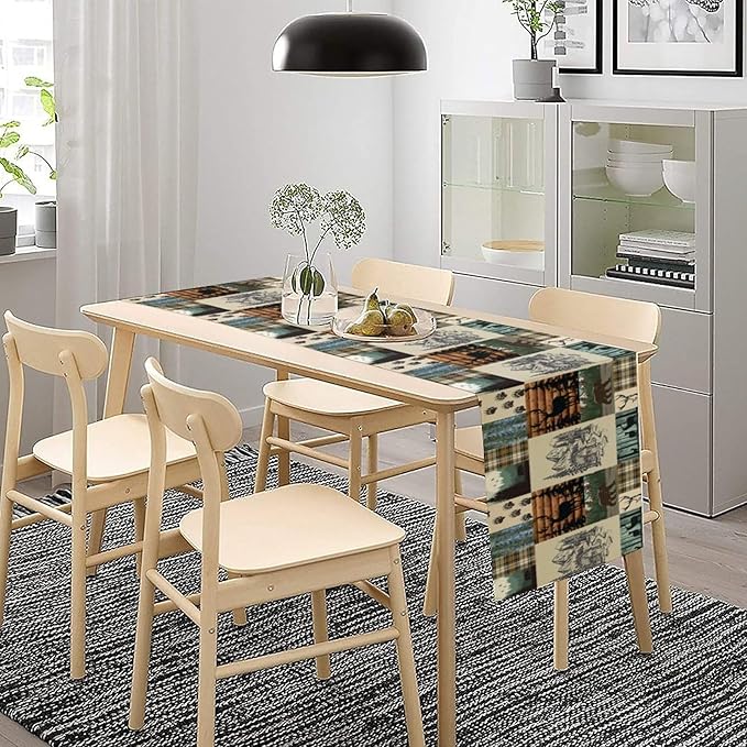 Cabin Bear Deer Table Runner Vintage Rustic Farmhouse Animal Art Printed Dinner Runner for Home Kitchen Dining Table Decor Fabric 1 Panel W13xL36in
