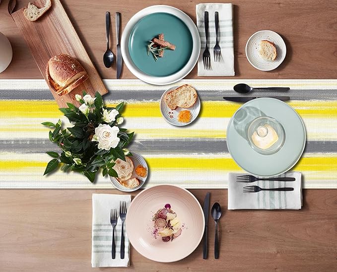 Emvency Yellow Grey White Abstract Painting Table Runner and Placemats Set of 6,Watercolor Painting Art Dining Decor for Daily Use(1 Table Runner 72 inches Long and 6 Placemats)