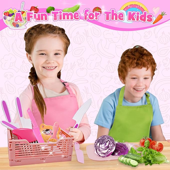 Montessori Toys for 3 4 5 6 7 8 9 10 Year Old Girls Boys Birthday Gifts,Kids Kitchen Knife Set for Real Cooking & Apron and Glove,Toddler Knife Set, Learning Toys