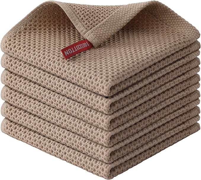Kitinjoy 100% Cotton Kitchen Dish Cloths (12 X 12 Inches, Tan), 6 Pack Waffle Weave Ultra Soft Absorbent Dish Towels for Drying Dishes Quick Drying Kitchen Towels Dish Rags