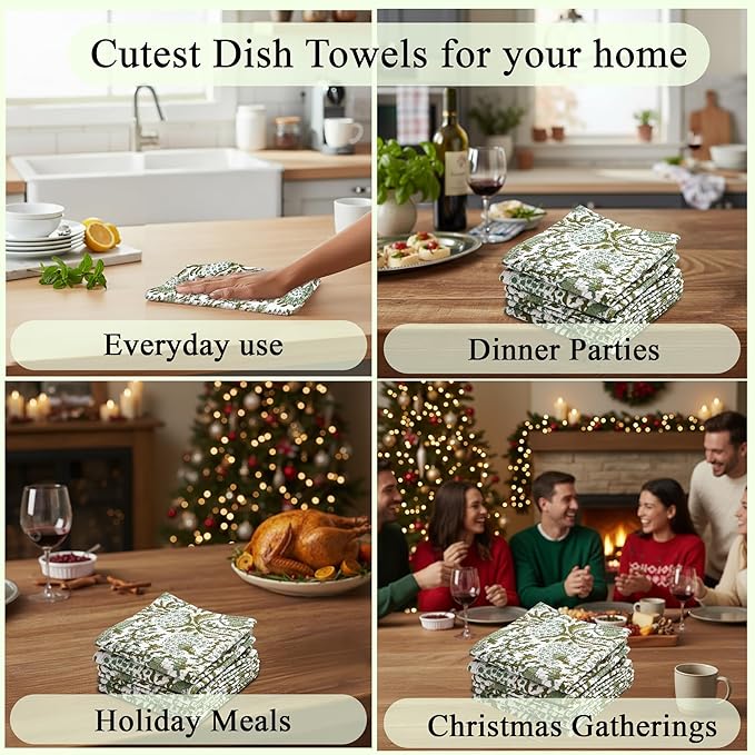 CPC Agate Green Hand Block Printed Cotton Waffle Dish Cloth Set of 6-12x12 Inch Super Absorbent, Soft, Reusable Kitchen Towels for Dish Drying & Cleaning Ideal for Spring, Mother's Day