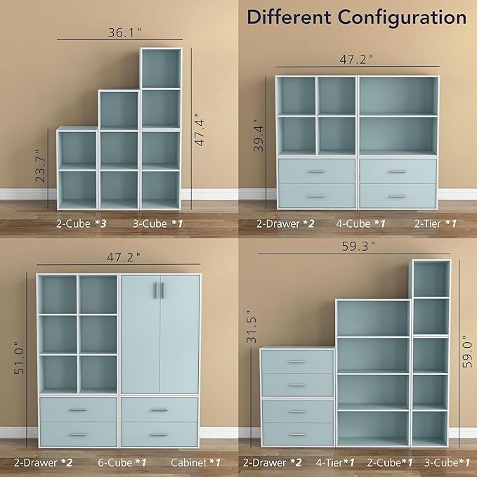 Homes: Inside + Out Apexa 3-Tier Stackable Wood Bookcase with Doors, Cube Storage Organizer Shelves, Small Food Pantry Cabinet, Dorm Teen Room Decor & Bedroom, Home Office, Kitchen, Light Blue