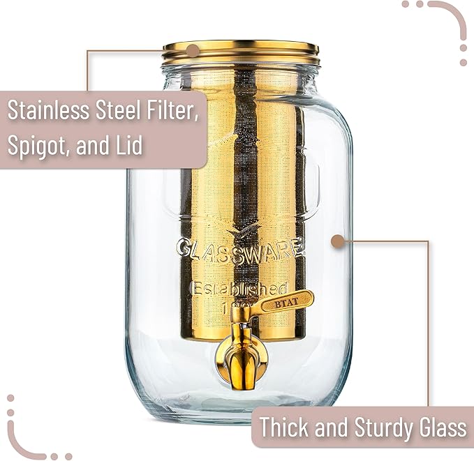 BTaT- 1 Gallon Cold Brew Coffee Maker, Thick Glass Pitcher with Stainless Steel Filter, Lid & Spigot, Iced Coffee & Sun Tea Brewer, Large Mason Jar Cold Brew Container, Fast Iced Tea Maker for Fridge