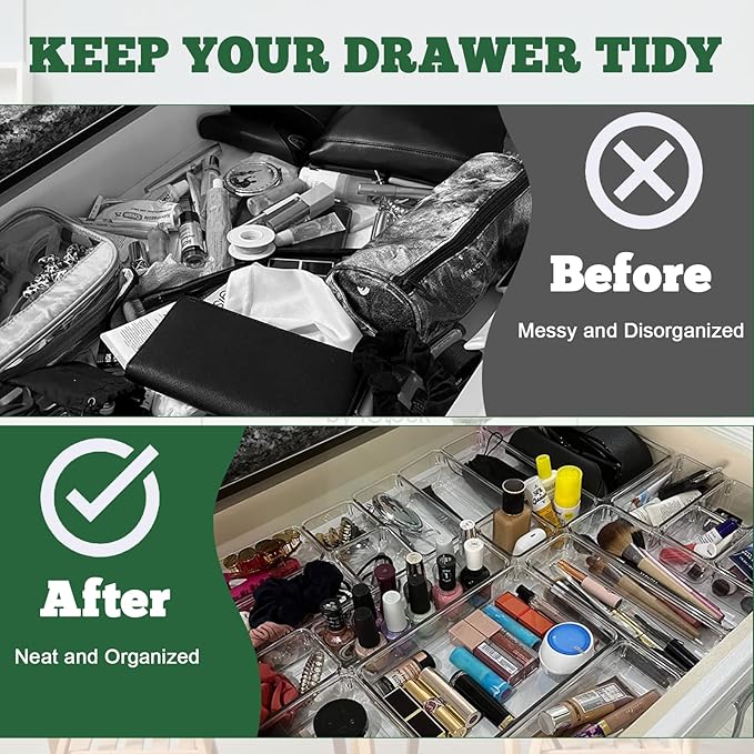 Ysglory 12 Pcs Clear Plastic Drawer Organizer 9 x 3 x 2 Inches Vanity Makeup Drawer Organizer Tray Silverware Utensil Storage Organizers Bins for Kitchen Office Desk Cosmetics and Bathrooms