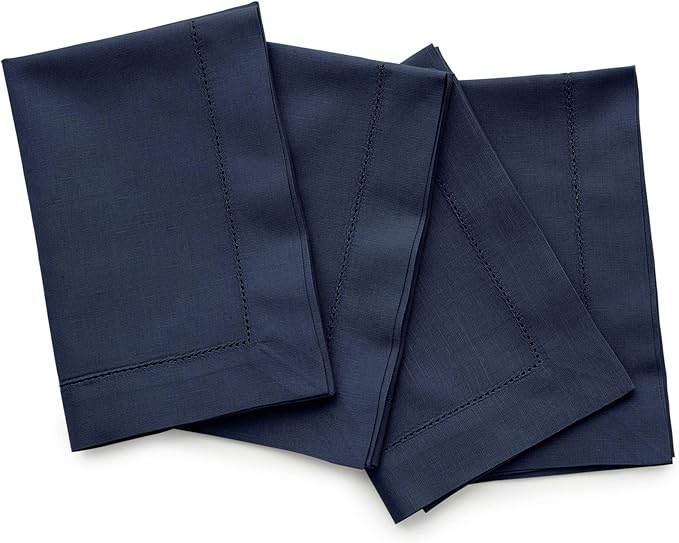 Solino Home Navy Blue Napkins Set of 4 - Cotton Linen Hemstitch Dinner Napkins Cloth 20 x 20 Inch for Spring, Summer, Mothers Day, Memorial Day - Handcrafted and Machine Washable