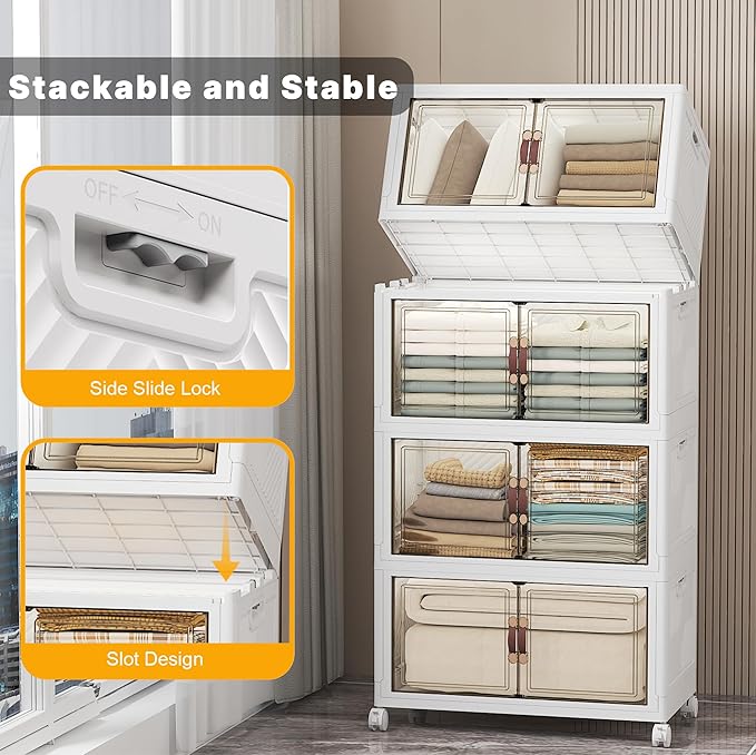 UAMFURI Stackable Storage Bins with Lids & Wheels & Door, Foldable Collapsible Closet Organizers, Extra Large Plastic Storage Drawers for Bedroom Dorm Office Garage (White-112qt, 4Pack with 1 top lid)