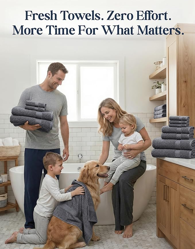 LANE LINEN 100% Cotton Bath Towels Set - 24 PCs - Durable, Quick Dry, Super Soft & Highly Absorbent - 4 Bath, 4 Fingertip, 6 Hand Towels, 8 Washcloths, 2 Bath Sheets - Perfect Family Set - Cool Grey