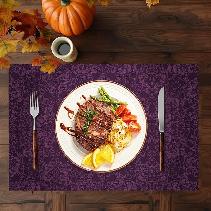 Purple Placemats Set of 6,Eggplant Color Mandala Floral Design Place Mats, Washable Heat Resistant 12×18 Inch Linen Table Mats for Kitchen Dining, Boho Home Decor